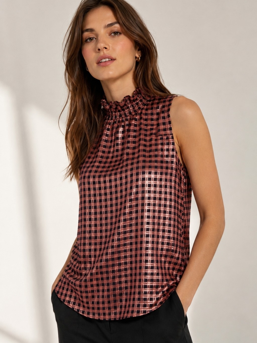 NWT J. CREW Ruffleneck Sleeveless Blouse In Metallic Lurex Crinkle Gingham M